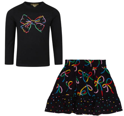 Girl LS Tee With Papillon Hotfix Details Black & Girl Bows Skirt With Polka Dots