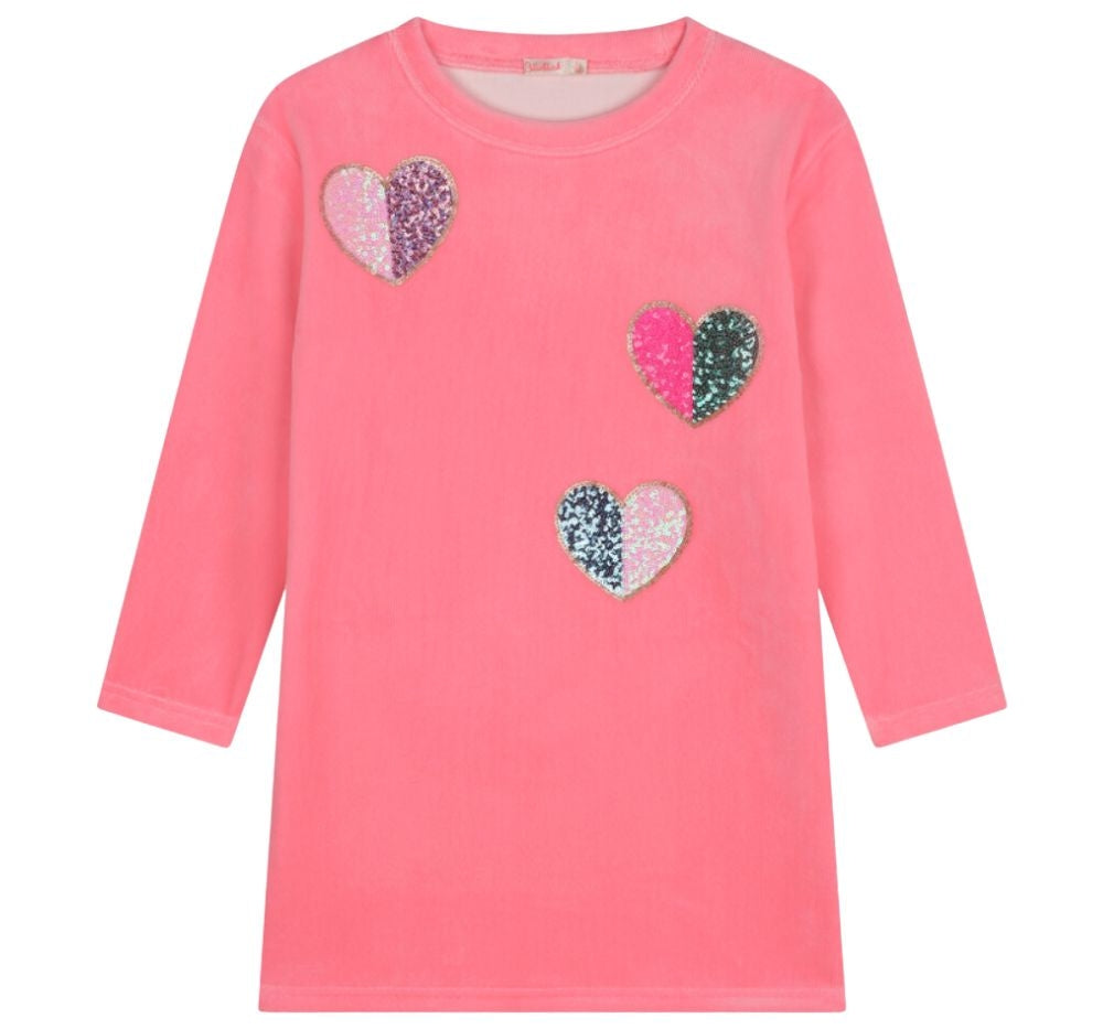 Long Sleeve Velvet Dress With Sequin Hearts Pink