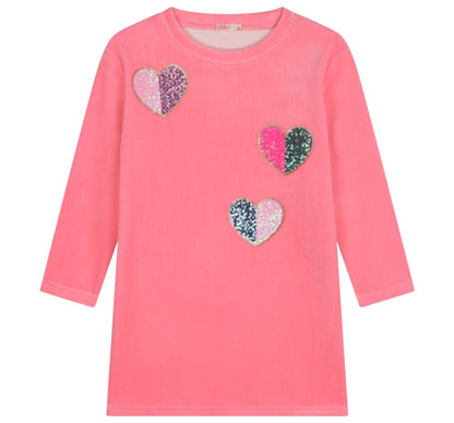 Long Sleeve Velvet Dress With Sequin Hearts Pink