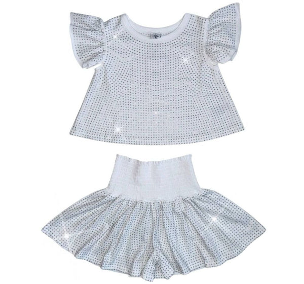 Rainbow Crystal Ruffle Short Set White