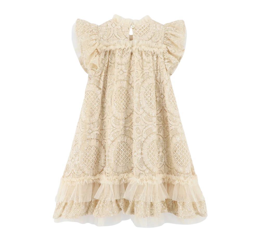 Christina S/s Dipped Hem Sequin Lace Dress Biscuit