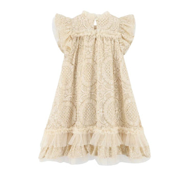 Christina S/s Dipped Hem Sequin Lace Dress Biscuit