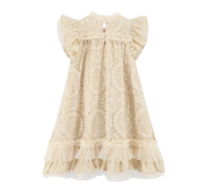 Christina S/s Dipped Hem Sequin Lace Dress Biscuit