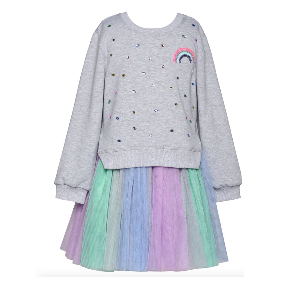 L/S Twofer Multi Color Tutu Dress W/ Rhinestone And Rainbow Patch Detail