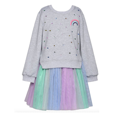 L/S Twofer Multi Color Tutu Dress W/ Rhinestone And Rainbow Patch Detail