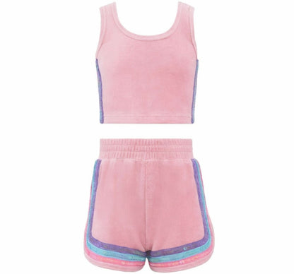 Rainbow Velour Sequin Tank Set Pink