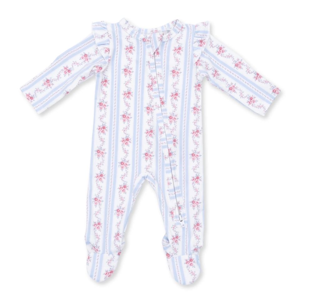 Anna Floral Stripe 2 Way Ruffle Sleeve Zipper Footie
