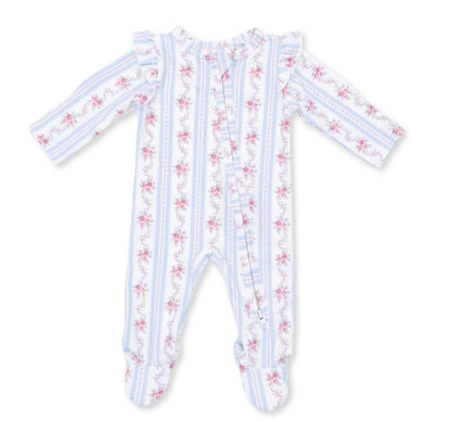 Anna Floral Stripe 2 Way Ruffle Sleeve Zipper Footie