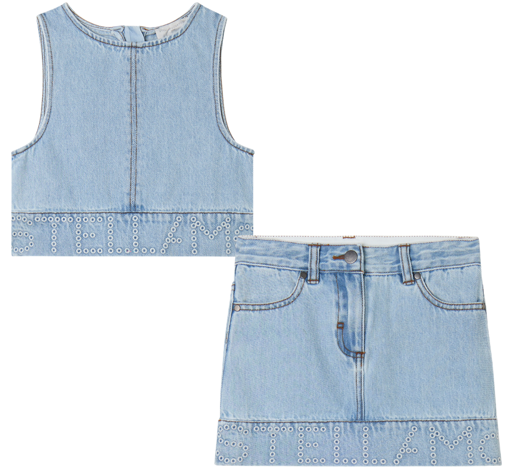 Sleeveless Denim Top W/Embossed & Skirt