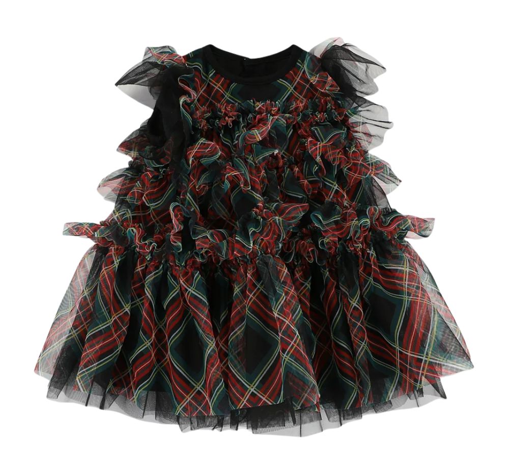 Etta Tartan Tiered Baby Dress Black Tartan