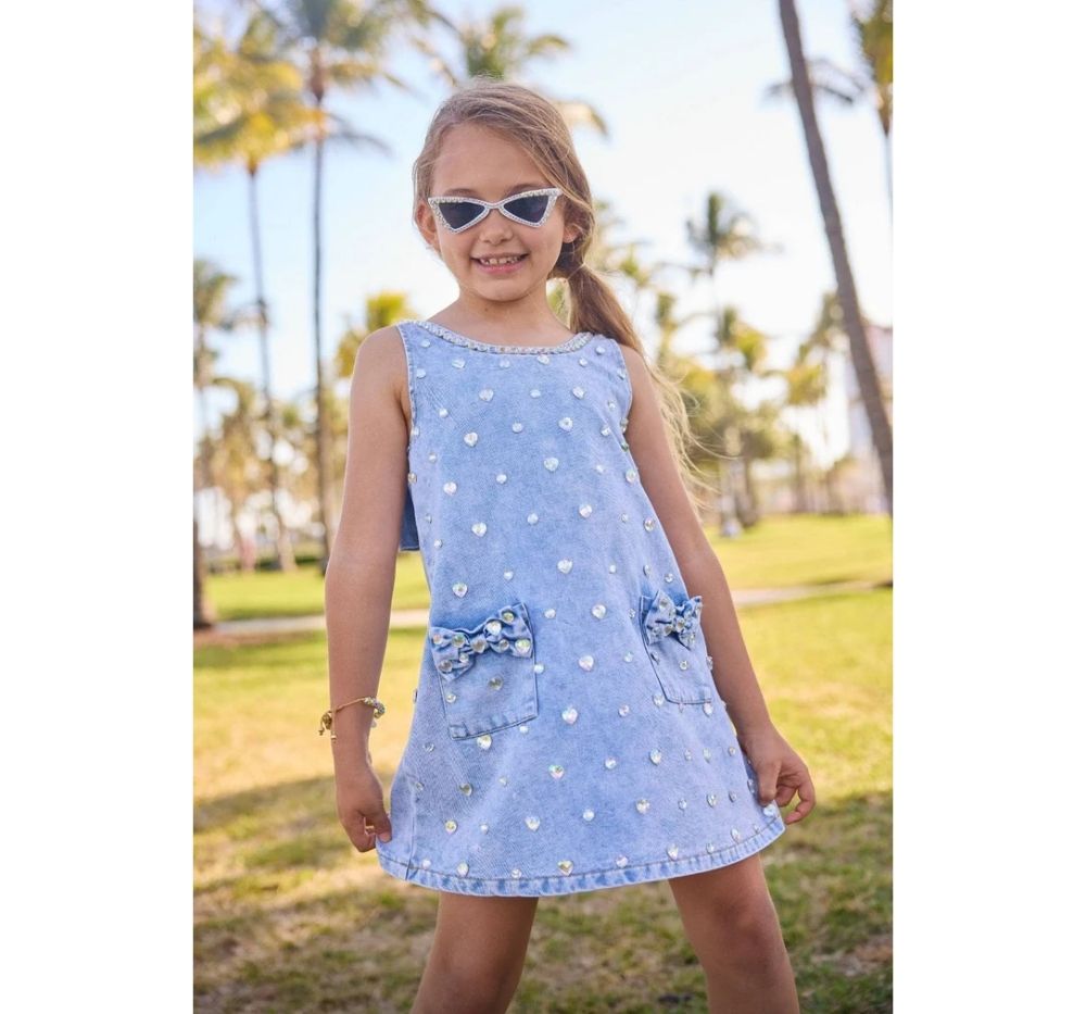 Crystal Rainbow Heart Denim Dress