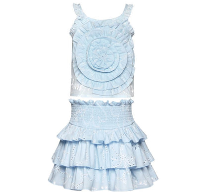 Eyelet Ruffle Top W/Ruffle Rose Detail & 3 Tier Smocked Waist Skirt