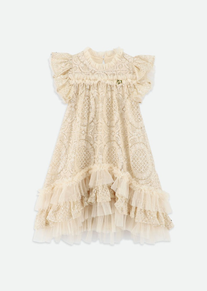 Christina S/s Dipped Hem Sequin Lace Dress Biscuit