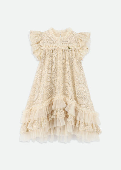 Christina S/s Dipped Hem Sequin Lace Dress Biscuit