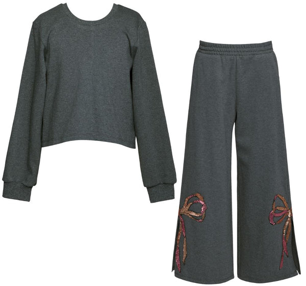 Sequin Bow Sweatshirt W/Back Slit & Knit Pants W/Side Leg Charcoal