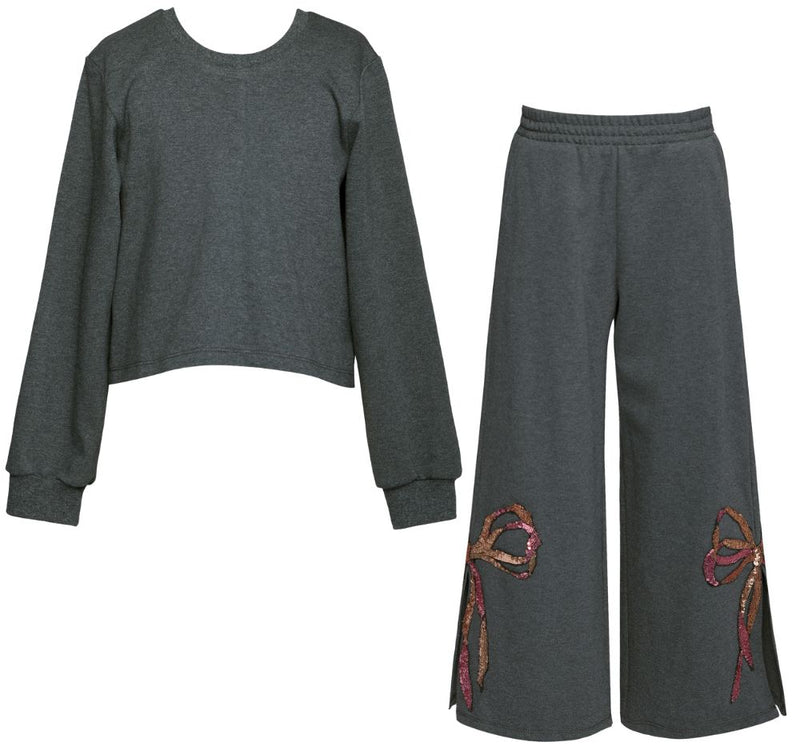 Sequin Bow Sweatshirt W/Back Slit & Knit Pants W/Side Leg Charcoal