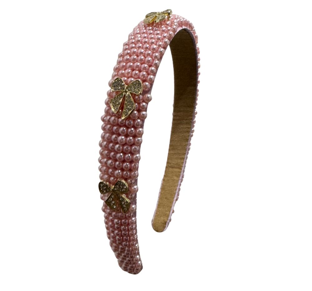 LT. Pink Headband Full Pearl With Loose Charms Bows