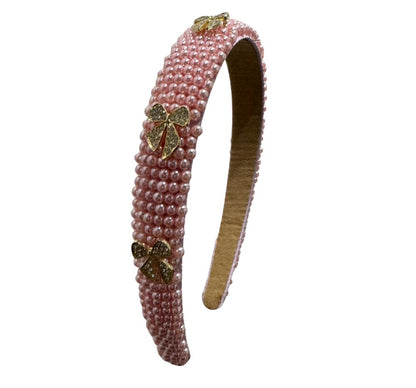 LT. Pink Headband Full Pearl With Loose Charms Bows