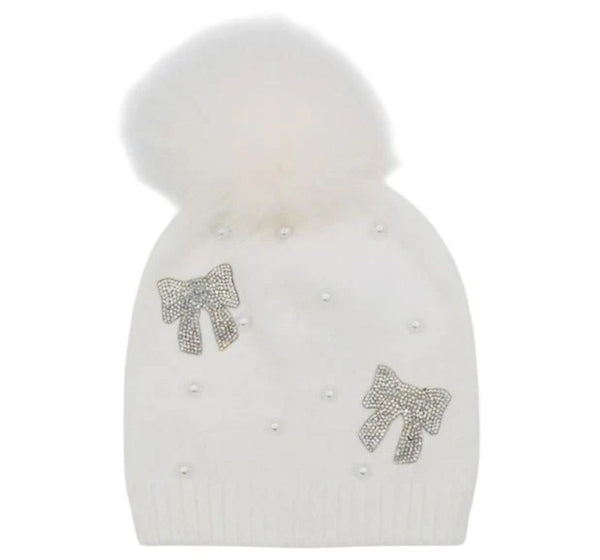 Crystal Bow Hat With Fur Ivory