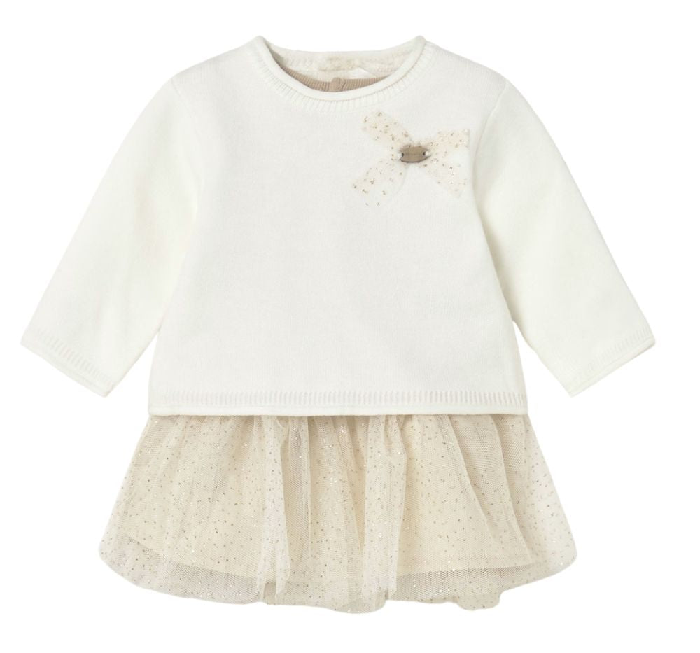 Vestido Tricot Combinado Tul Crudo