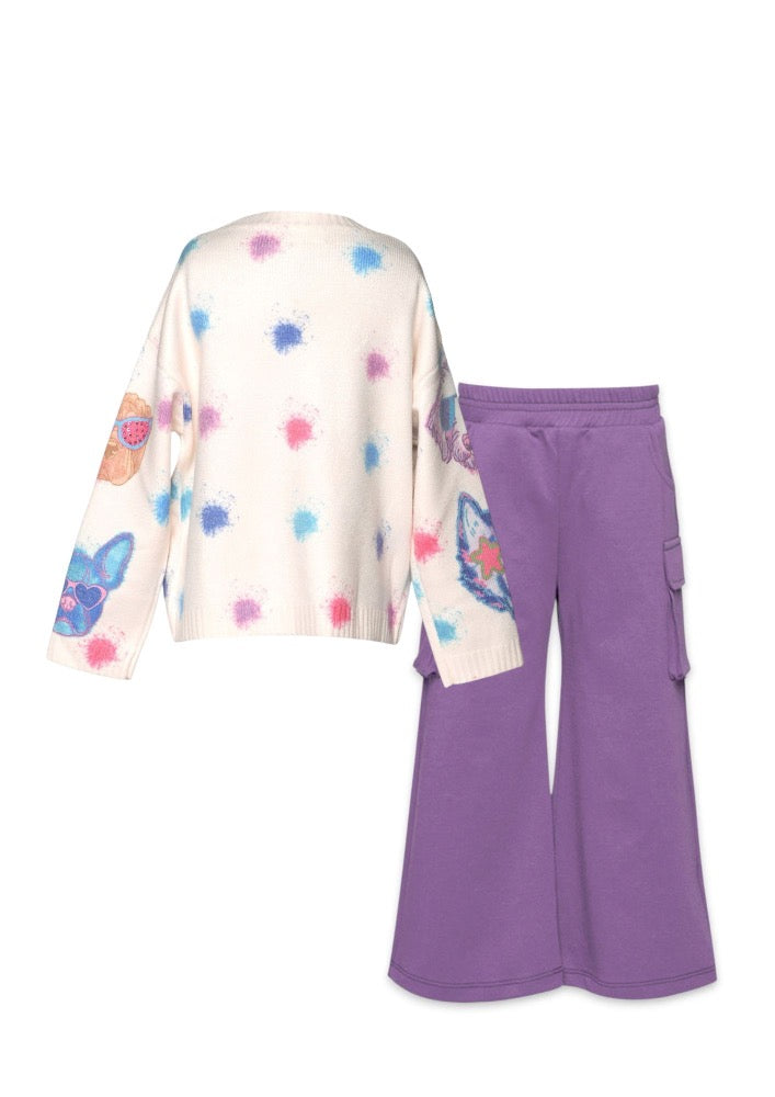 Dog Print Sweater & Wide Leg Pant W/Cargo Pocket