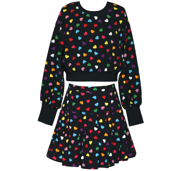 Allover Heart Print Sweatshirt & Skort Black