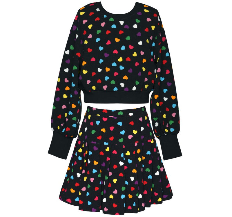 Allover Heart Print Sweatshirt & Skort Black