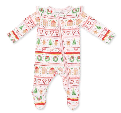 Gingerbread Fair Isle Pink 2 Way Ruffle Sleeve Zipper Footie