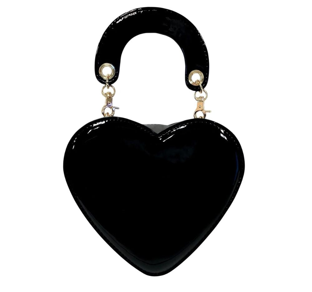 Heart-Shaped Patent Leather Purse Black