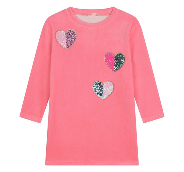 Long Sleeve Velvet Dress With Sequin Hearts Pink