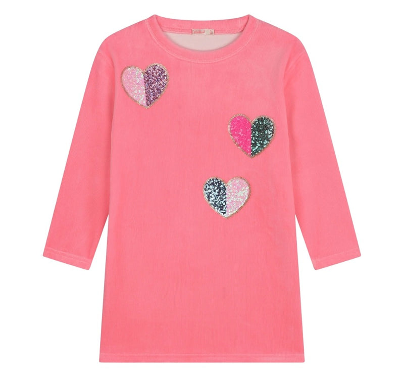 Long Sleeve Velvet Dress With Sequin Hearts Pink