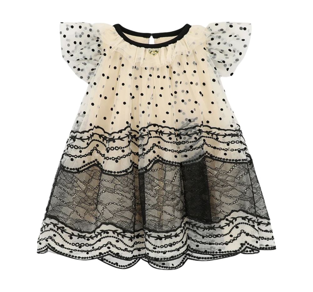 Ivy Spot And Lace Baby Dress Biscuit/Black