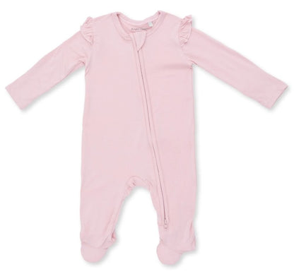 Solid Peachskin 2 Way Ruffle Sleeve Zipper Footie