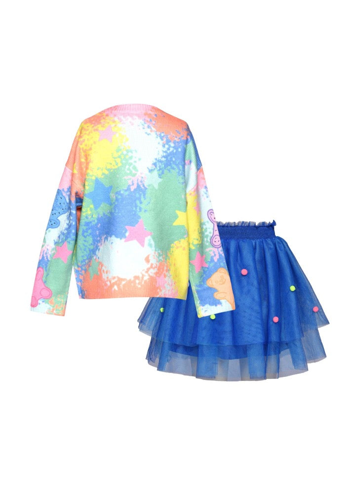 Gummy Bear Printed Sweater & 2 Tier Tutu Skirt W/ Pompom Trims