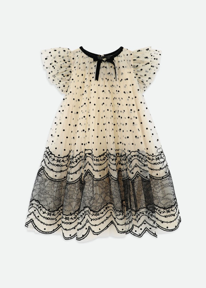 Ivy Spot And Lace Dress Biscuit/Black