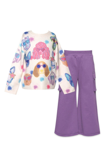 Dog Print Sweater & Wide Leg Pant W/Cargo Pocket