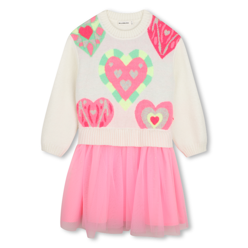 Girls Ls Bi Material Dress With Heart Graphic Pink