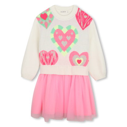 Girls Ls Bi Material Dress With Heart Graphic Pink