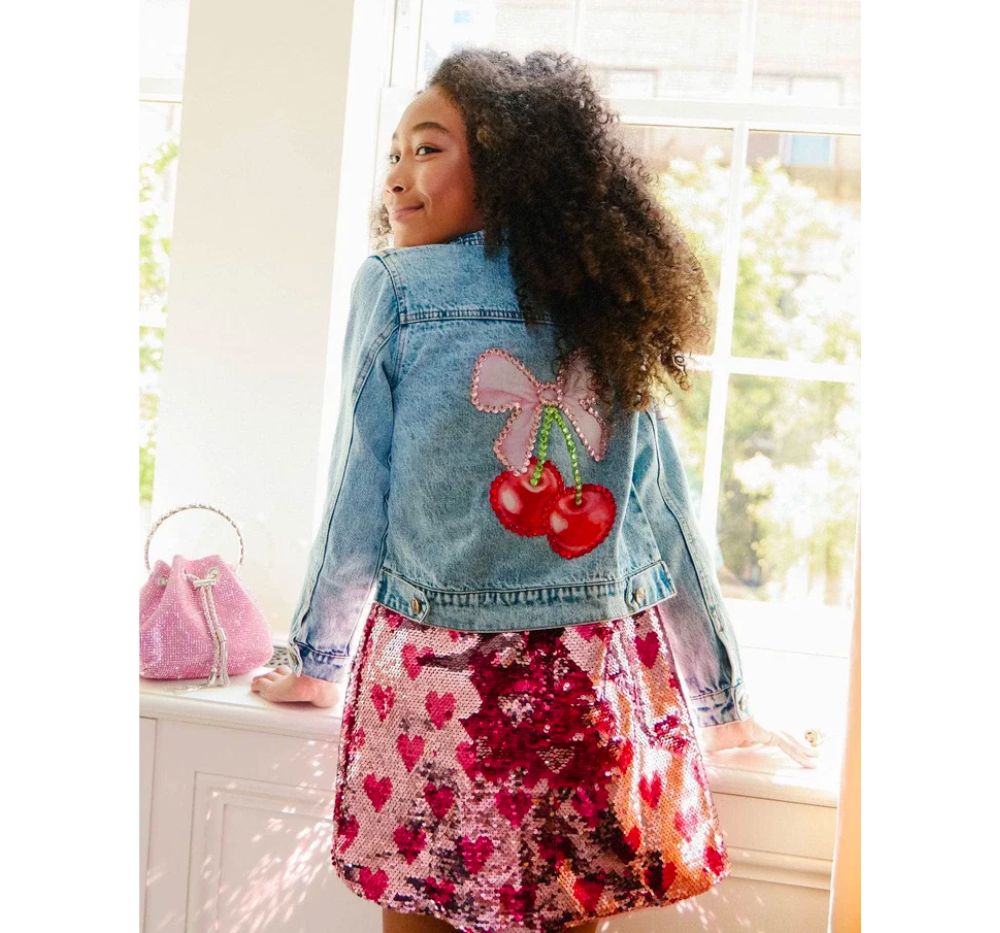 Crystal Cherry Bow Denim Jacket