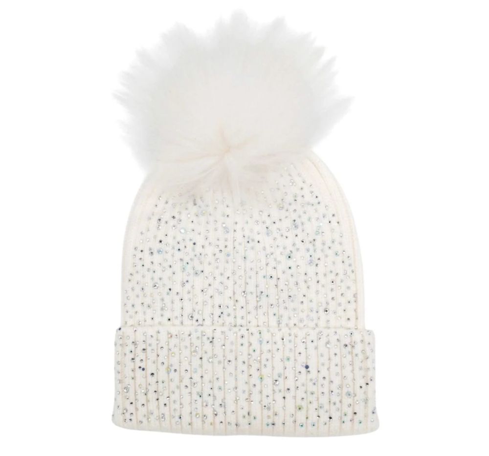 Fully Crystallized Hat With Fur Pom White