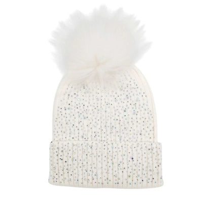 Fully Crystallized Hat With Fur Pom White
