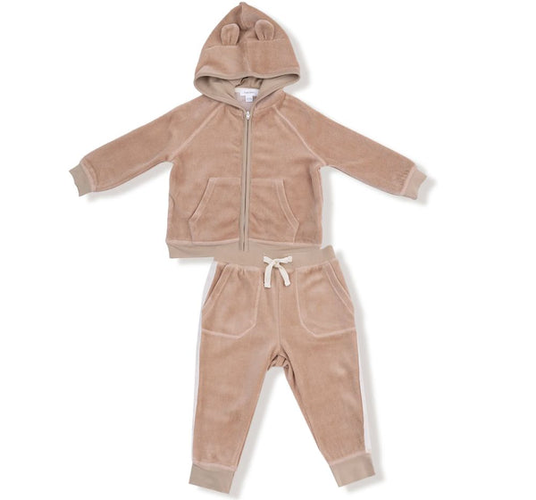 Velour Teddy Bear Zip Bear Ear Hoodie & Varsity Jogger Set