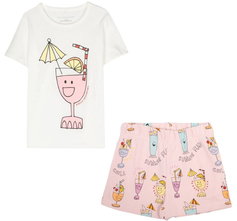 Tee With Pink Cocktail Print White & Cocktails Fleece Shorts