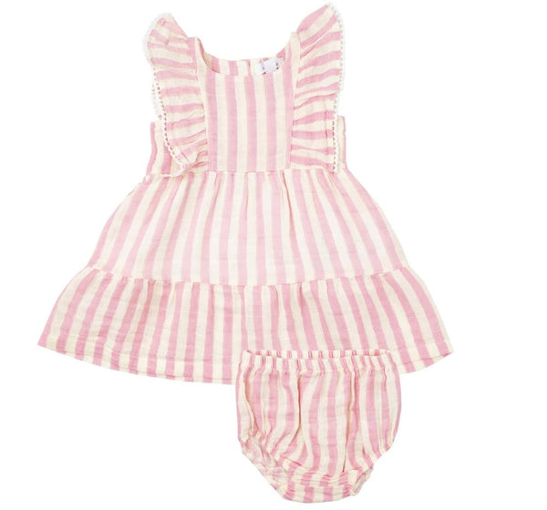 Picot Edged Dress & Diaper Cover Pink Stripe