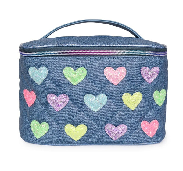 Glitter Heart Patched Denim Quilted Glam Bag