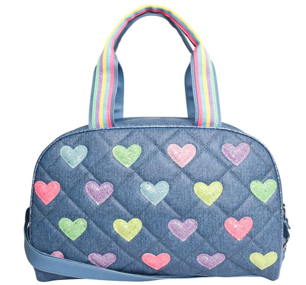 Glitter Heart Patched Quilted Denim Medium Duffle Bag