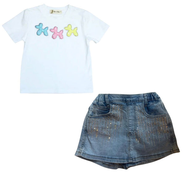 Doggy Patch Tee White & Silver Stone Denim Skirt