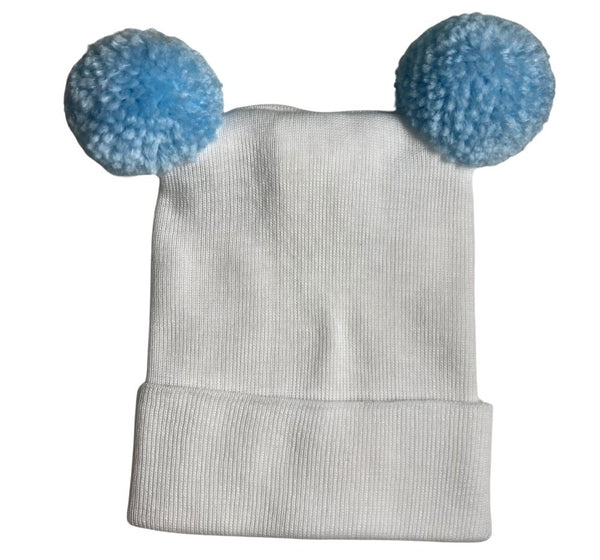 Baby Blue Double Poms White Hat