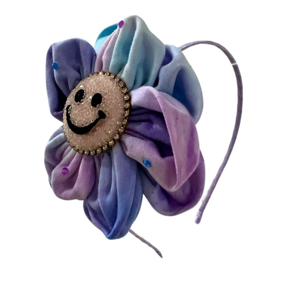 Crystallized Tie Dye Flower Smiley On Thin Headband Lilac
