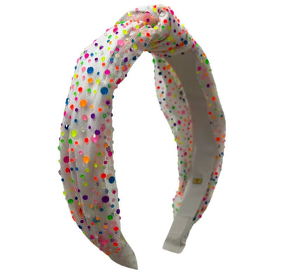 Tulle Jeweled Knot Headband White